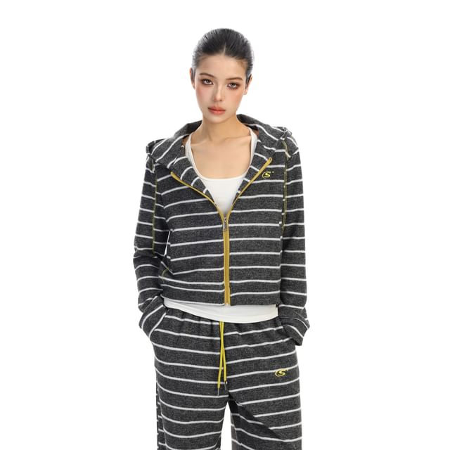 Striped Zip Hoodie & Drawstring Wide Leg Sweatpants Set