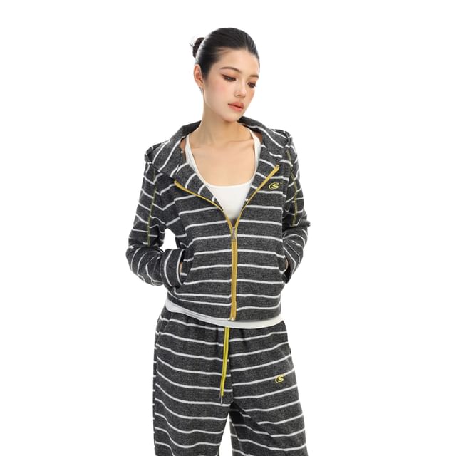Striped Zip Hoodie & Drawstring Wide Leg Sweatpants Set