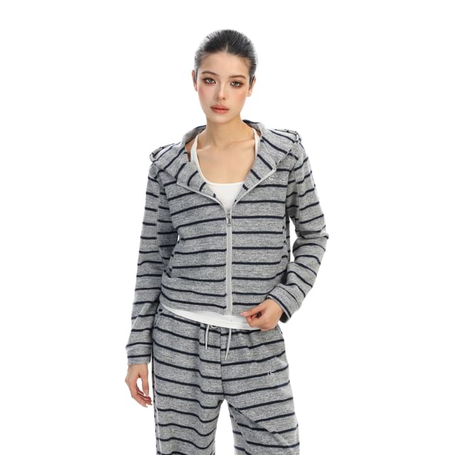 Striped Zip Hoodie & Drawstring Wide Leg Sweatpants Set