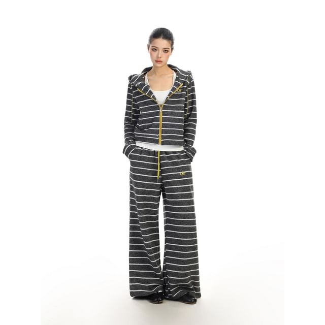 Striped Zip Hoodie & Drawstring Wide Leg Sweatpants Set