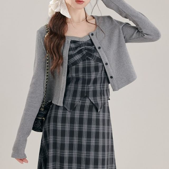 Plaid Ruched Slit Crop Camisole Top / High Waist Midi A-Line Skirt / Crew Neck Button-Up Plain Cardigan / Set