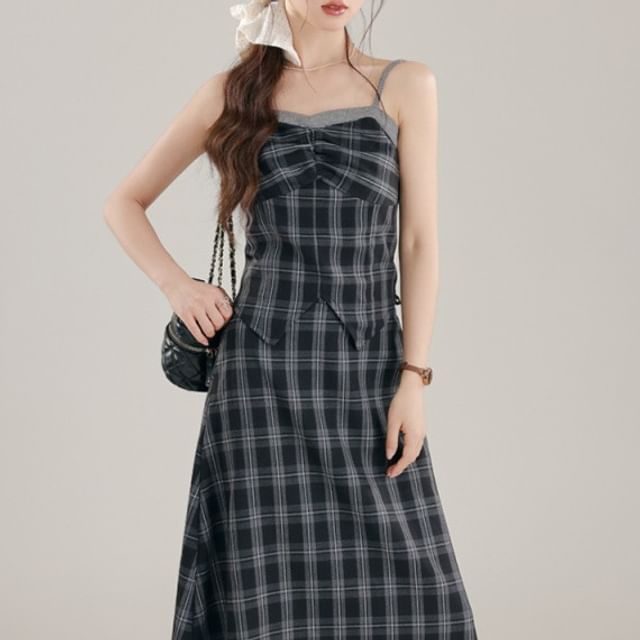 Plaid Ruched Slit Crop Camisole Top / High Waist Midi A-Line Skirt / Crew Neck Button-Up Plain Cardigan / Set