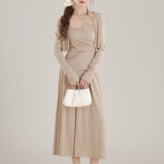 Set: Plain Open Front Crop Cardigan + Asymmetrical Ruched Camisole Top + High Waist Midi A-Line Skirt