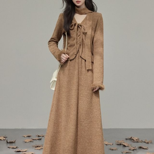 Fluffy Cuff V-Neck Lace-Up Plain Cardigan / High Waist Maxi A-Line Skirt