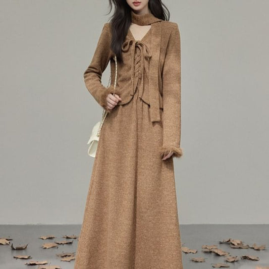 Fluffy Cuff V-Neck Lace-Up Plain Cardigan / High Waist Maxi A-Line Skirt