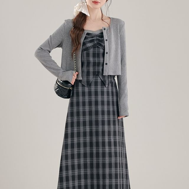 Plaid Ruched Slit Crop Camisole Top / High Waist Midi A-Line Skirt / Crew Neck Button-Up Plain Cardigan / Set