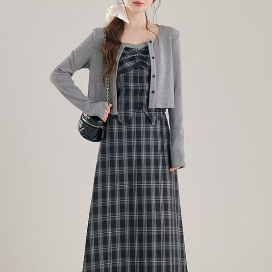 Plaid Ruched Slit Crop Camisole Top / High Waist Midi A-Line Skirt / Crew Neck Button-Up Plain Cardigan / Set