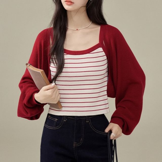 Set: Striped Knit Crop Camisole Top + Plain Open Front Cardigan