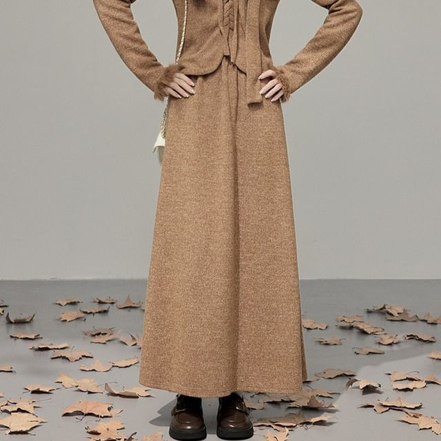 Fluffy Cuff V-Neck Lace-Up Plain Cardigan / High Waist Maxi A-Line Skirt