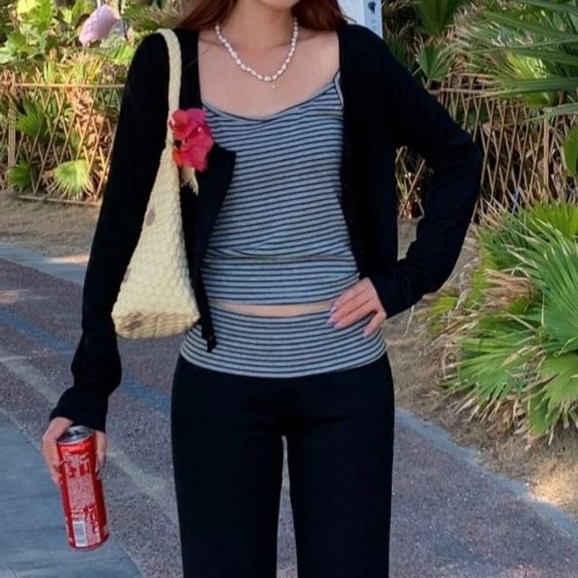 Set: Striped Camisole Top + Mid Rise Panel Flared Pants + Round Neck Plain Cardigan