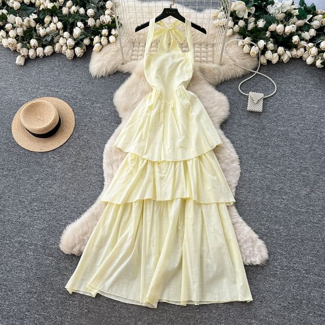 Sleeveless Plain Maxi A-Line Tiered Dress