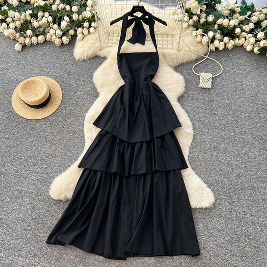 Sleeveless Plain Maxi A-Line Tiered Dress