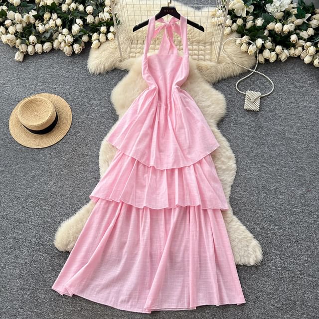 Sleeveless Plain Maxi A-Line Tiered Dress