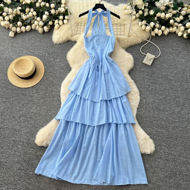 Sleeveless Plain Maxi A-Line Tiered Dress