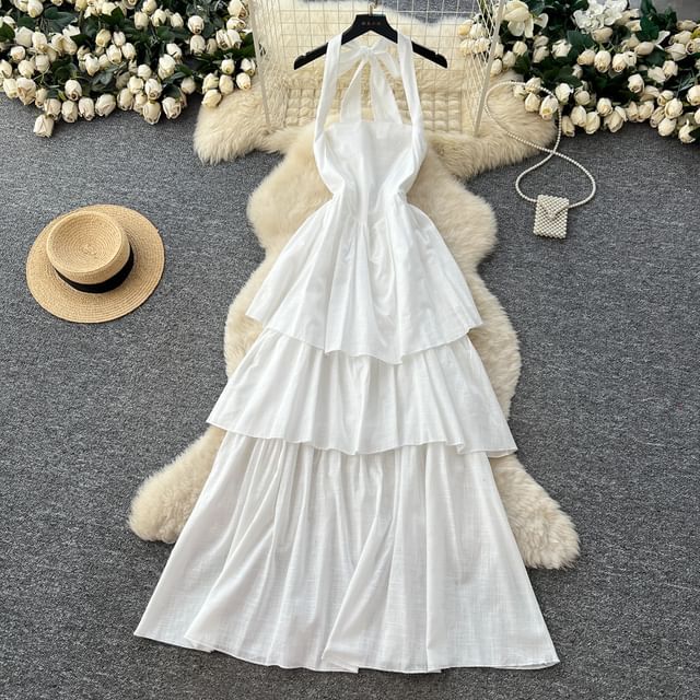 Sleeveless Plain Maxi A-Line Tiered Dress