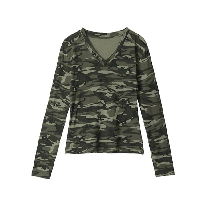 Long Sleeve V-Neck Camouflage Tee