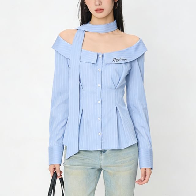 Long Sleeve Off Shoulder Collared Pinstriped Blouse