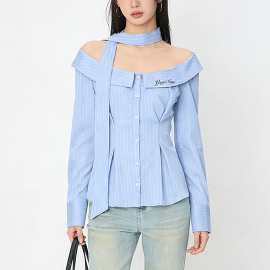 Long Sleeve Off Shoulder Collared Pinstriped Blouse