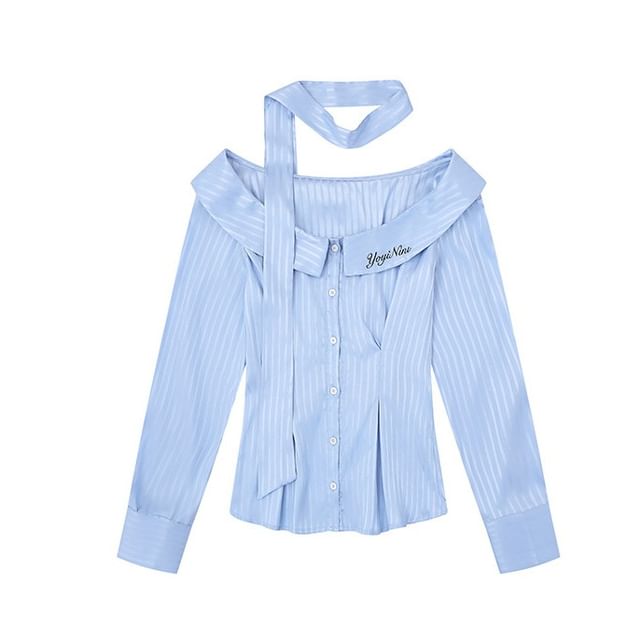 Long Sleeve Off Shoulder Collared Pinstriped Blouse