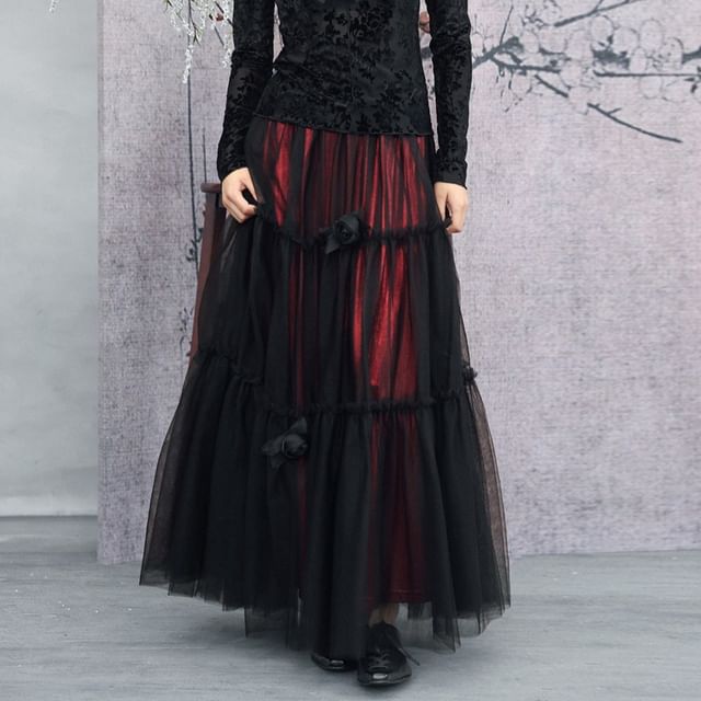 Mesh Overlay Ruffled Midi Skirt - Altfashion Shop