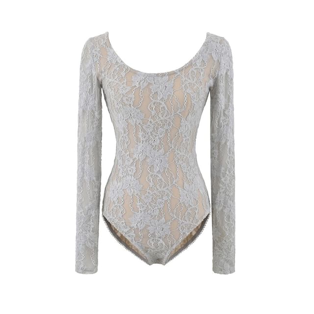 Long-Sleeve Scoop Neck Lace Bodysuit Top