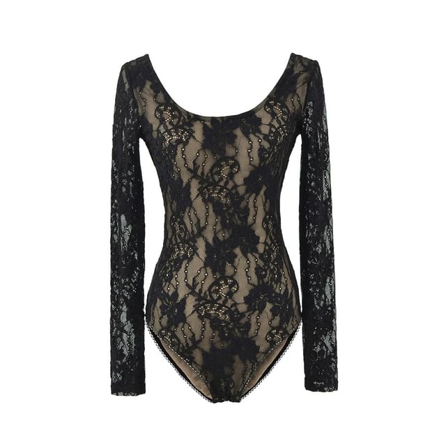 Long-Sleeve Scoop Neck Lace Bodysuit Top
