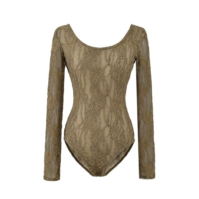 Long-Sleeve Scoop Neck Lace Bodysuit Top
