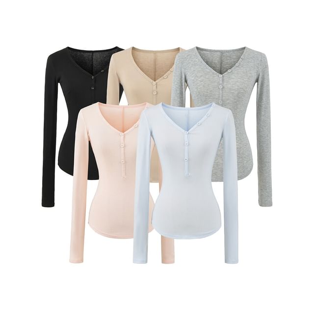 Long Sleeve V-Neck Plain Henley Shirt