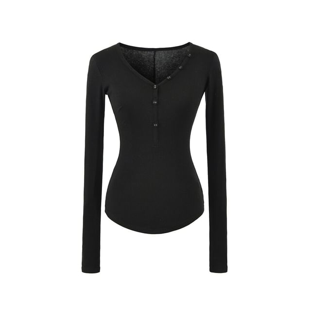 Long Sleeve V-Neck Plain Henley Shirt