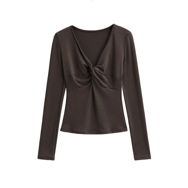 Long Sleeve V-Neck Plain Twist Front Tee