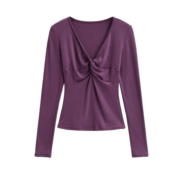 Long Sleeve V-Neck Plain Twist Front Tee