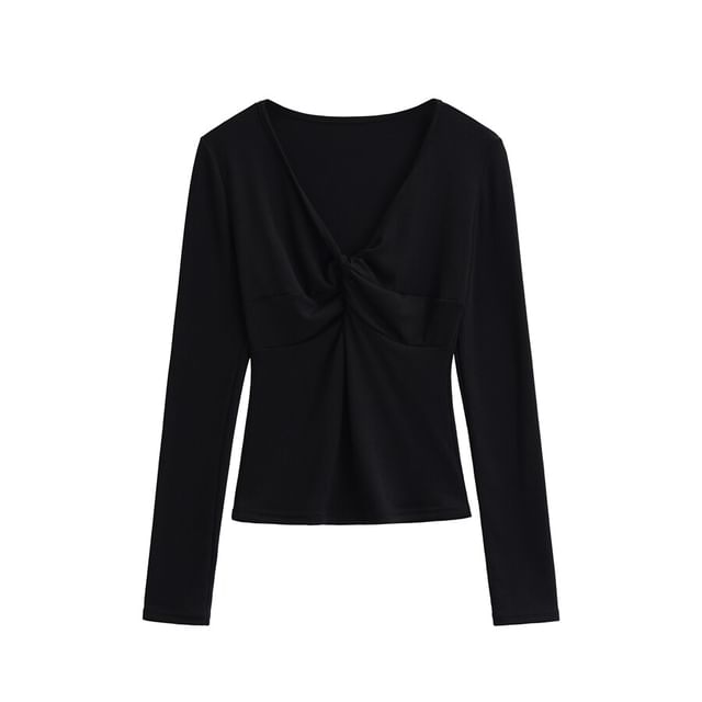 Long Sleeve V-Neck Plain Twist Front Tee