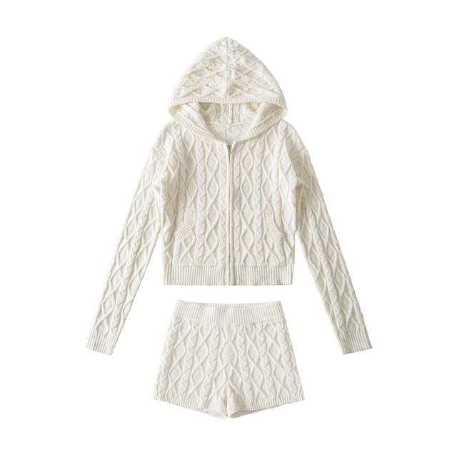 Hooded Plain Cable Knit Zip Cardigan / Mid Rise Plain Knit Shorts