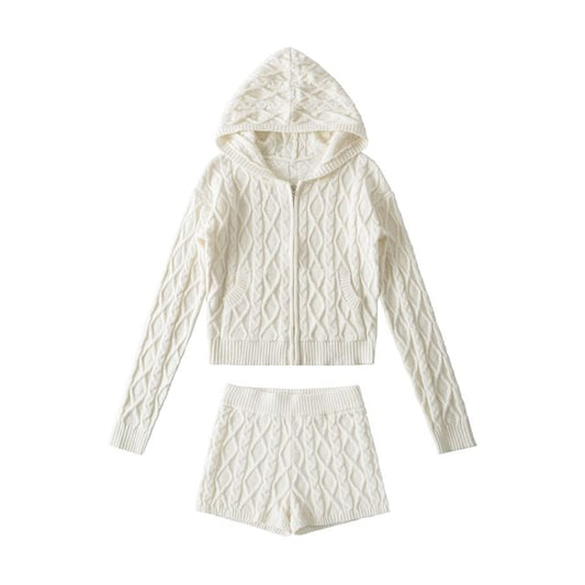 Hooded Plain Cable Knit Zip Cardigan / Mid Rise Plain Knit Shorts