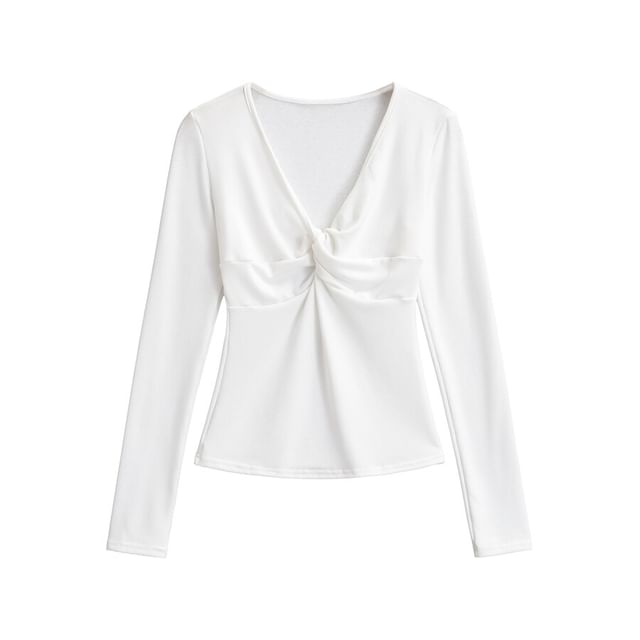 Long Sleeve V-Neck Plain Twist Front Tee
