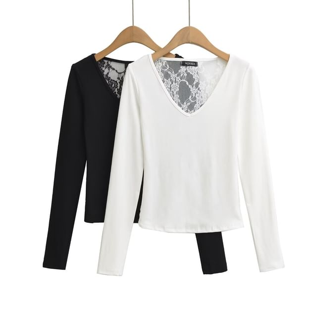 Long Sleeve V-Neck Plain Lace Panel Tee