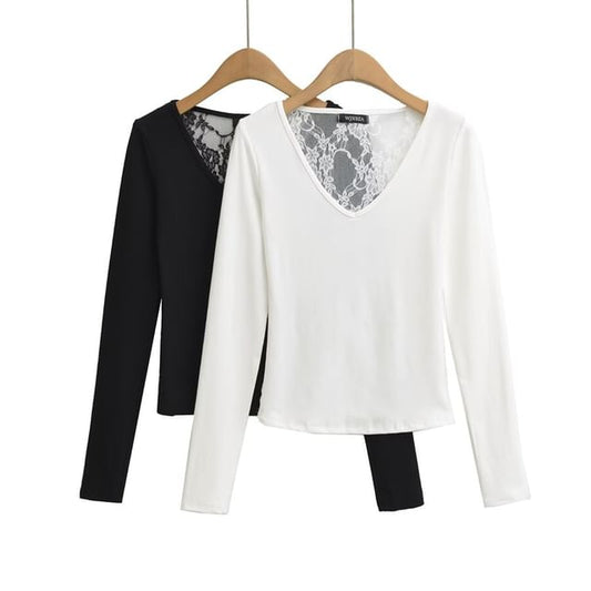 Long Sleeve V-Neck Plain Lace Panel Tee