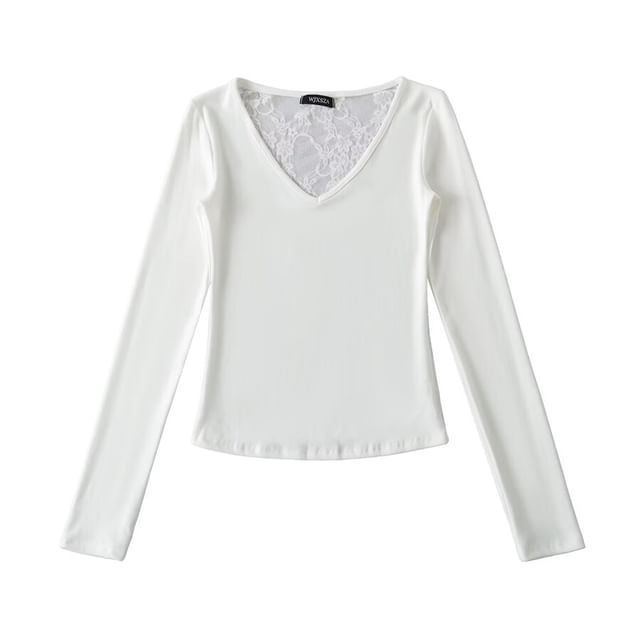 Long Sleeve V-Neck Plain Lace Panel Tee