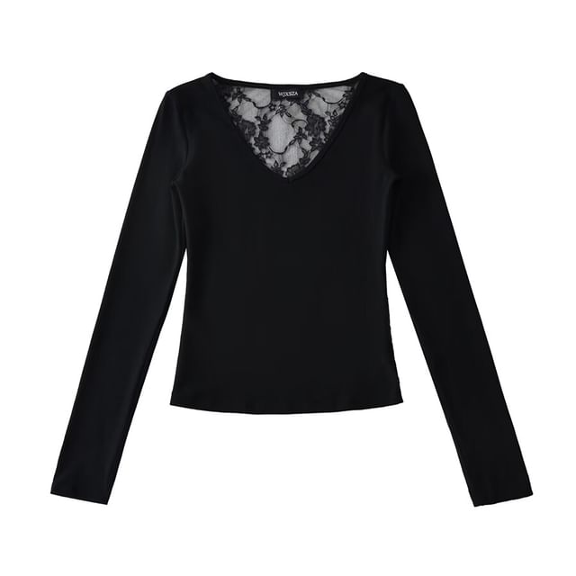 Long Sleeve V-Neck Plain Lace Panel Tee
