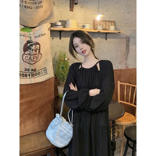 Round Neck Round Neck Plain Cutout Gathered Maxi A-Line Dress