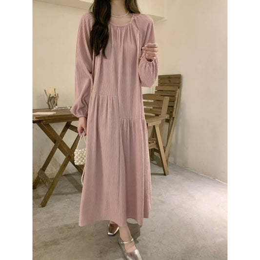 Round Neck Round Neck Plain Cutout Gathered Maxi A-Line Dress