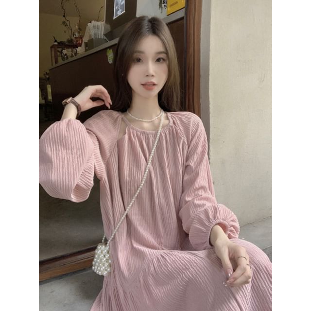 Round Neck Round Neck Plain Cutout Gathered Maxi A-Line Dress