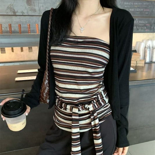Set: Plain Crop Cardigan + Striped Tube Top