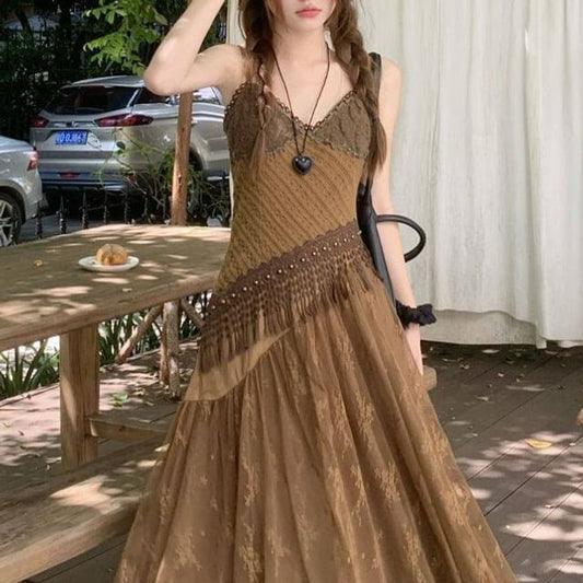 Sleeveless V-Neck Fringed Lace Maxi A-Line Dress