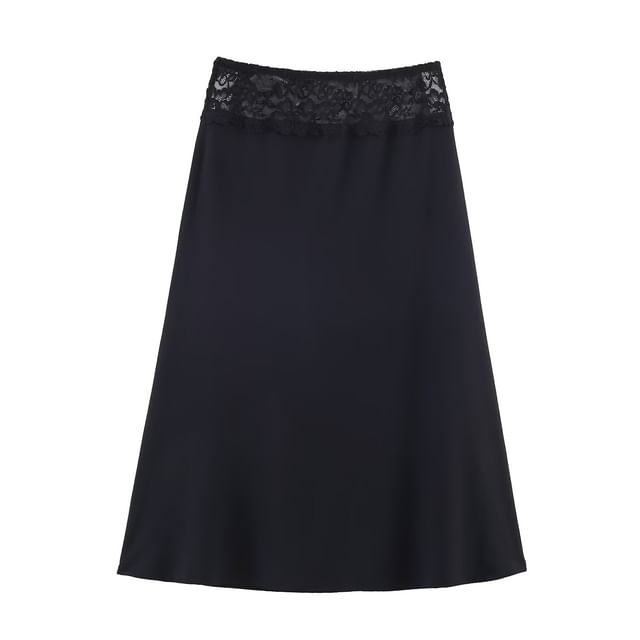 Lace Panel Satin Midi Skirt - Altfashion Shop