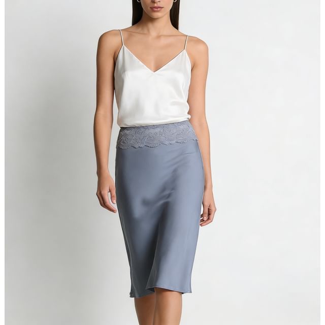 Lace Panel Satin Midi Skirt - Altfashion Shop