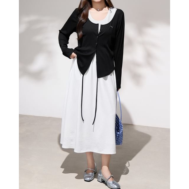 Scoop Neck Button-Up Plain Cardigan / Sleeveless Midi A-Line Dress