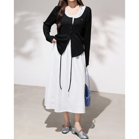 Scoop Neck Button-Up Plain Cardigan / Sleeveless Midi A-Line Dress
