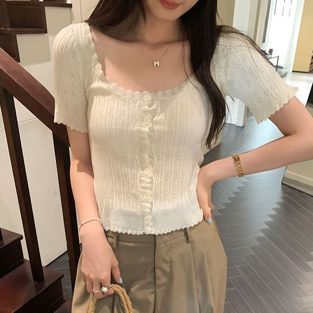 Short Sleeve Scoop Neck Button-Up Plain Knit Shirt