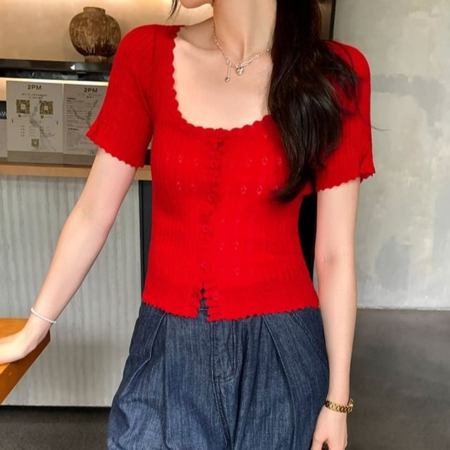 Short Sleeve Scoop Neck Button-Up Plain Knit Shirt